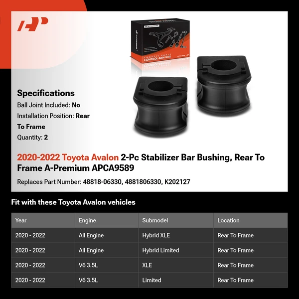 2020-2022 Toyota Avalon 2-Pc Stabilizer Bar Bushing, Rear To Frame A-Premium APCA9589