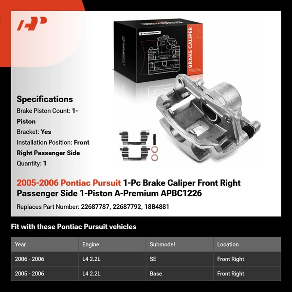 2005-2006 Pontiac Pursuit 1-Pc Brake Caliper Front Right Passenger Side 1-Piston A-Premium APBC1226