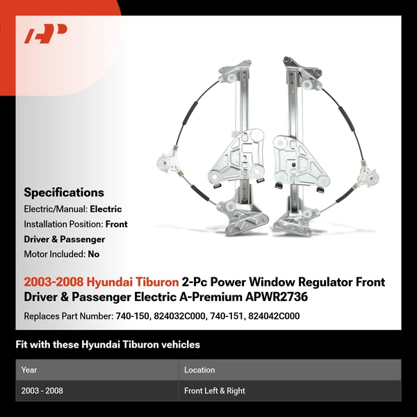 2003-2008 Hyundai Tiburon 2-Pc Power Window Regulator Front Driver & Passenger Electric A-Premium APWR2736