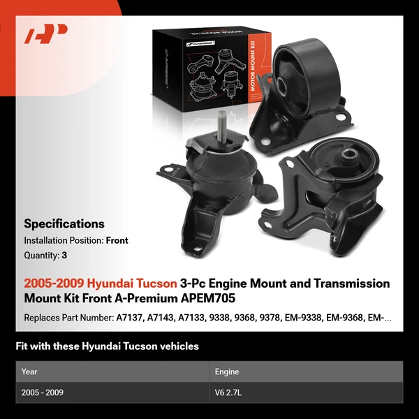 2005-2009 Hyundai Tucson 3-Pc Engine Mount and Transmission Mount Kit Front A-Premium APEM705
