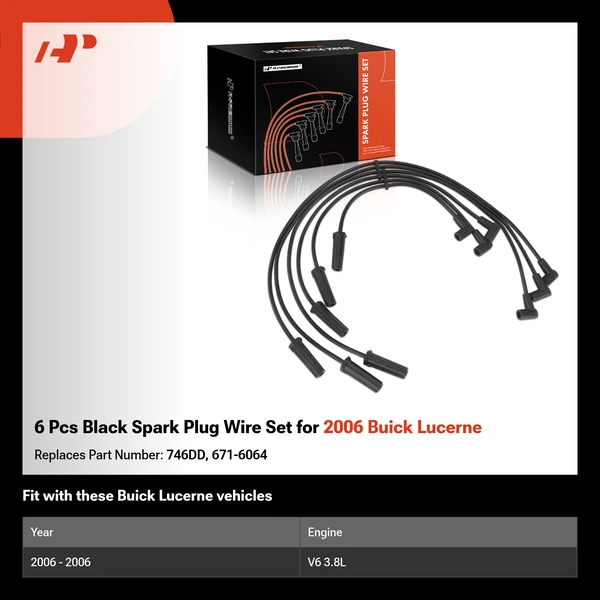 6 Pcs Black Spark Plug Wire Set for 2006 Buick Lucerne