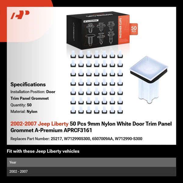 2002-2007 Jeep Liberty 50 Pcs 9mm Nylon White Door Trim Panel Grommet A-Premium APRCF3161