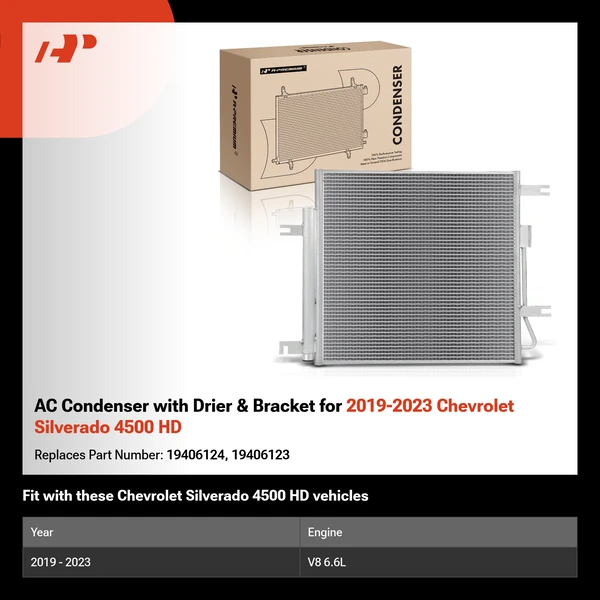AC Condenser with Drier & Bracket for 2019-2023 Chevrolet Silverado 4500 HD