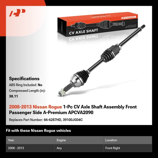 2008-2013 Nissan Rogue 1-Pc CV Axle Shaft Assembly Front Passenger Side A-Premium APCVA2090
