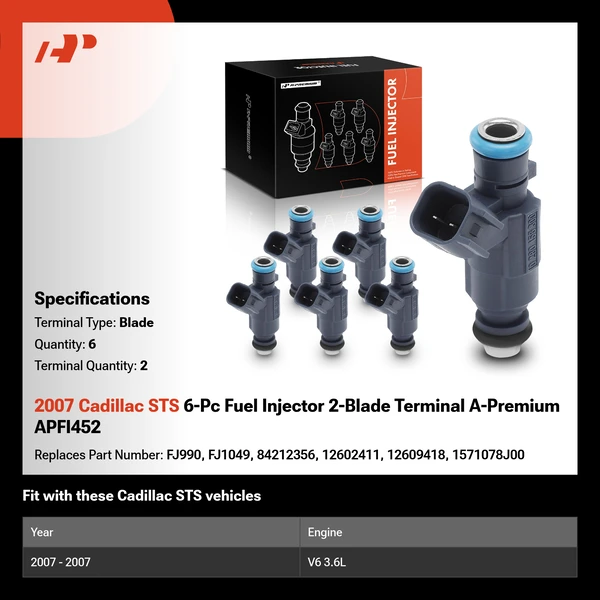 2007 Cadillac STS 6-Pc Fuel Injector 2-Blade Terminal A-Premium APFI452