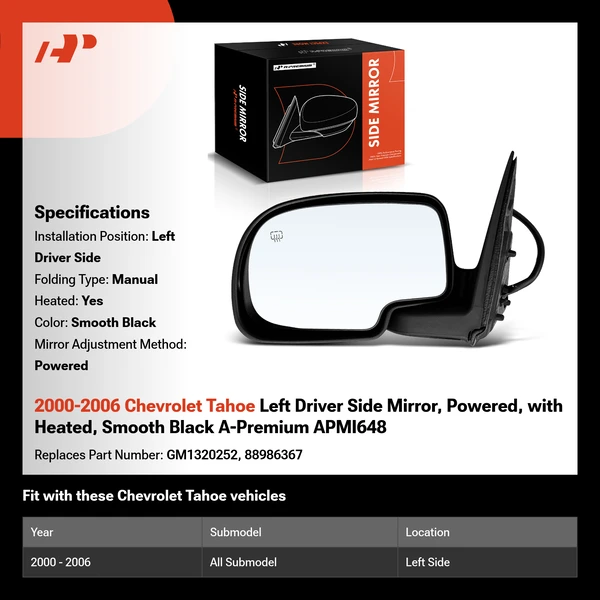 2000-2006 Chevrolet Tahoe Left Driver Side Mirror, Powered, with Heated, Smooth Black A-Premium APMI648