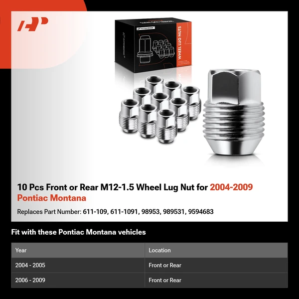 10 Pcs Front or Rear M12-1.5 Wheel Lug Nut for 2004-2009 Pontiac Montana