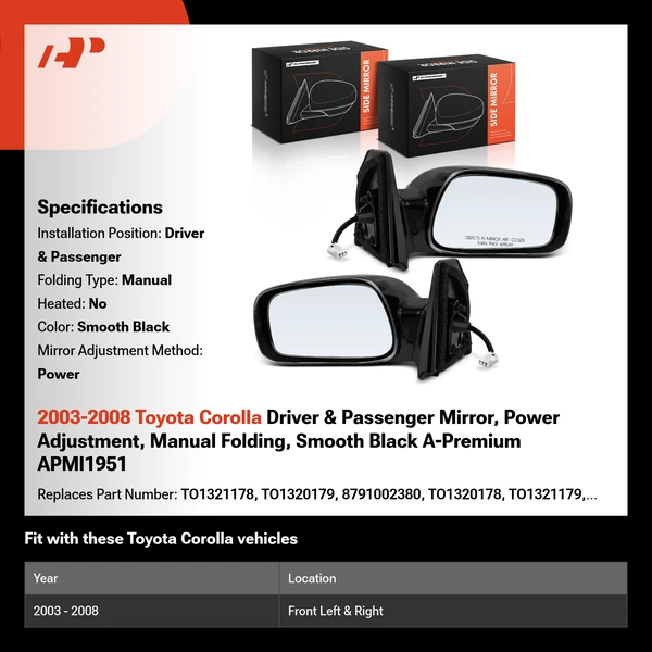 2003-2008 Toyota Corolla Driver & Passenger Mirror, Power Adjustment, Manual Folding, Smooth Black A-Premium APMI1951