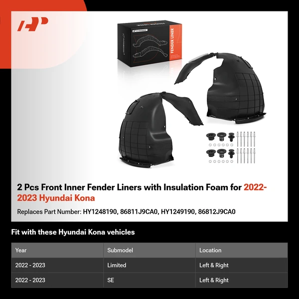2 Pcs Front Inner Fender Liners with Insulation Foam for 2022-2023 Hyundai Kona