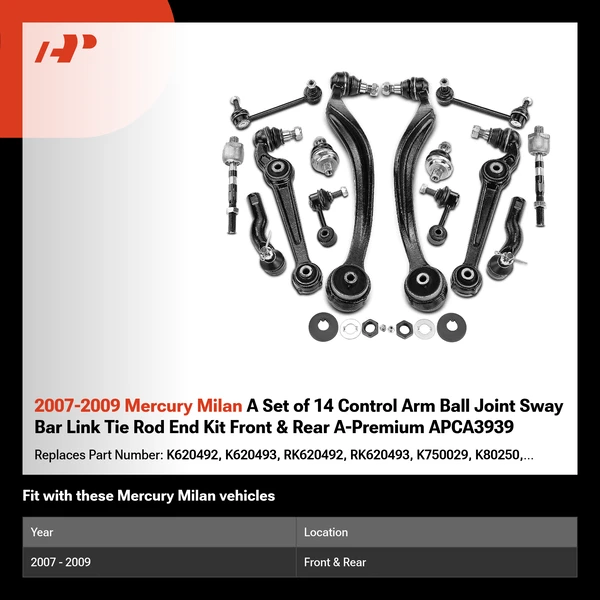 2007-2009 Mercury Milan A Set of 14 Control Arm Ball Joint Sway Bar Link Tie Rod End Kit Front & Rear A-Premium APCA3939