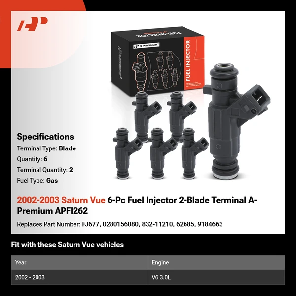 2002-2003 Saturn Vue 6-Pc Fuel Injector 2-Blade Terminal A-Premium APFI262