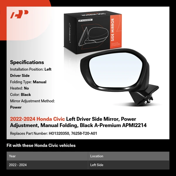 2022-2024 Honda Civic Left Driver Side Mirror, Power Adjustment, Manual Folding, Black A-Premium APMI2214
