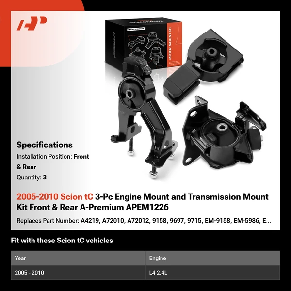2005-2010 Scion tC 3-Pc Engine Mount and Transmission Mount Kit Front & Rear A-Premium APEM1226