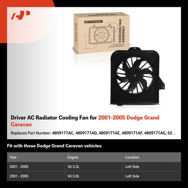 Driver AC Radiator Cooling Fan for 2001-2005 Dodge Grand Caravan