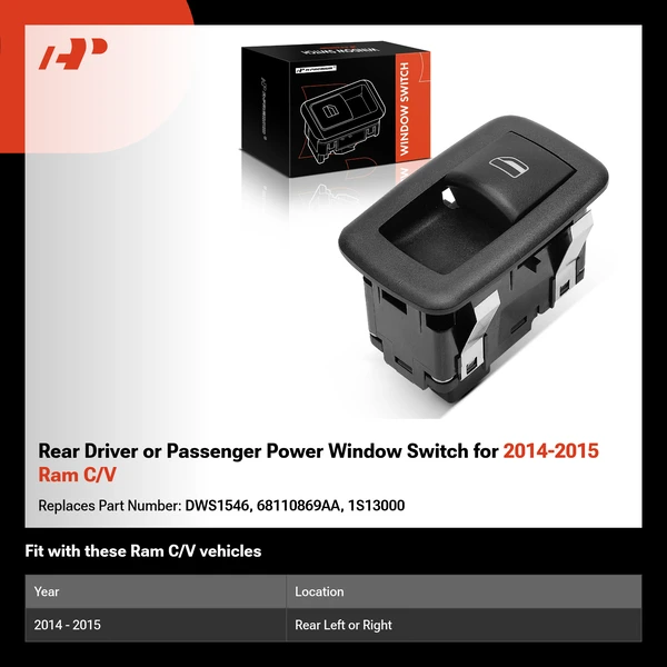 Rear Driver or Passenger Power Window Switch for 2014-2015 Ram C/V