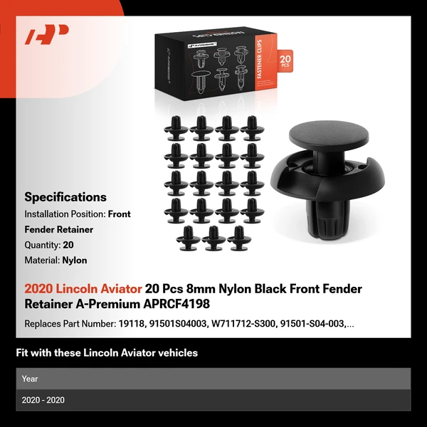 2020 Lincoln Aviator 20 Pcs 8mm Nylon Black Front Fender Retainer A-Premium APRCF4198