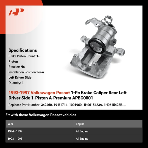 1993-1997 Volkswagen Passat 1-Pc Brake Caliper Rear Left Driver Side 1-Piston A-Premium APBC0001