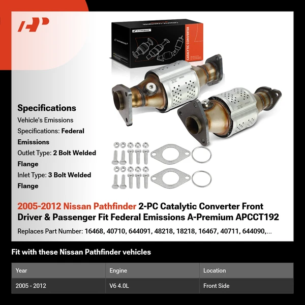2005-2012 Nissan Pathfinder 2-PC Catalytic Converter Front Driver & Passenger Fit Federal Emissions A-Premium APCCT192