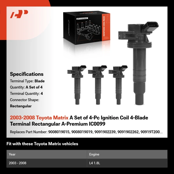 2003-2008 Toyota Matrix A Set of 4-Pc Ignition Coil 4-Blade Terminal Rectangular A-Premium IC0099