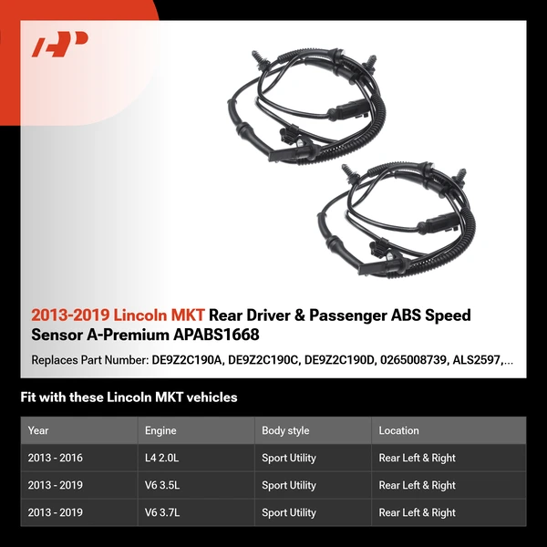 2013-2019 Lincoln MKT Rear Driver & Passenger ABS Speed Sensor A-Premium APABS1668