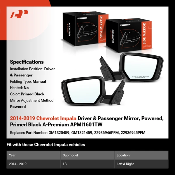 2014-2019 Chevrolet Impala Driver & Passenger Mirror, Powered, Primed Black A-Premium APMI1601TW