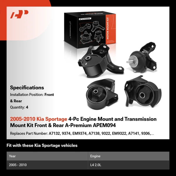 2005-2010 Kia Sportage 4-Pc Engine Mount and Transmission Mount Kit Front & Rear A-Premium APEM094
