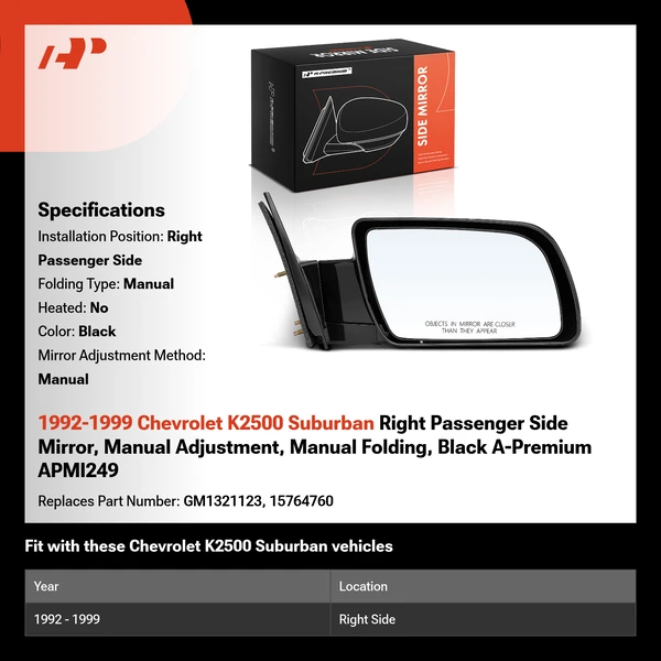 1992-1999 Chevrolet K2500 Suburban Right Passenger Side Mirror, Manual Adjustment, Manual Folding, Black A-Premium APMI249