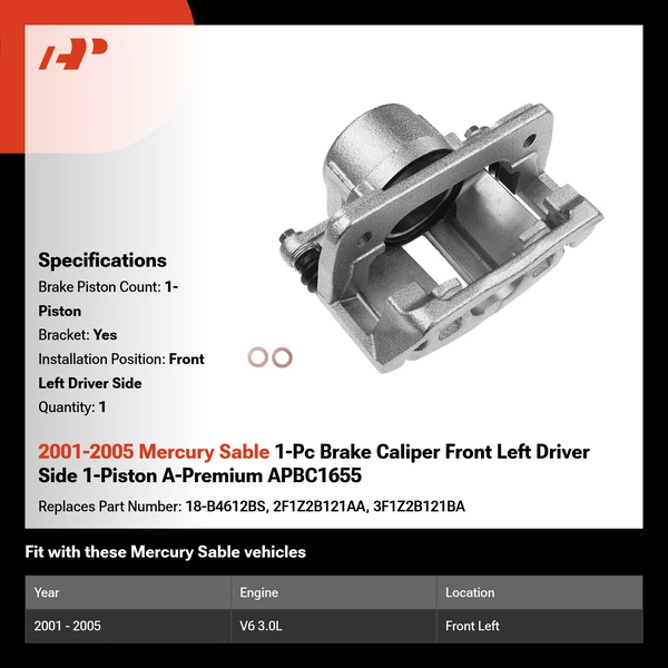 2001-2005 Mercury Sable 1-Pc Brake Caliper Front Left Driver Side 1-Piston A-Premium APBC1655