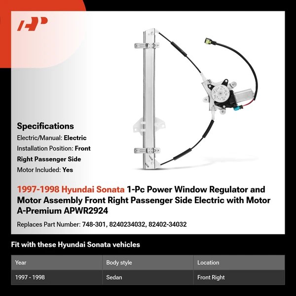 1997-1998 Hyundai Sonata 1-Pc Power Window Regulator and Motor Assembly Front Right Passenger Side Electric with Motor A-Premium APWR2924