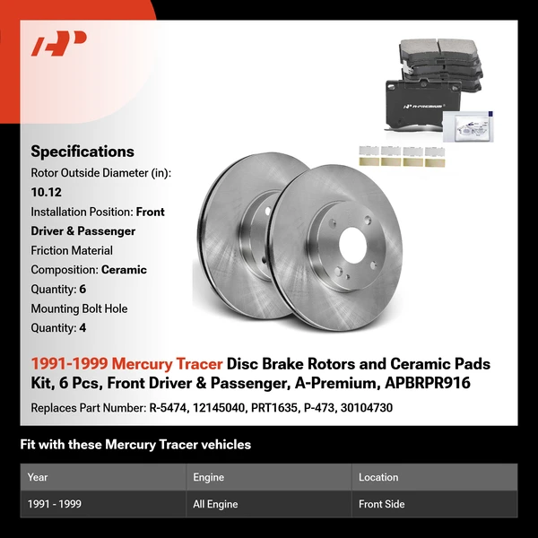 1991-1999 Mercury Tracer Disc Brake Rotors and Ceramic Pads Kit, 6 Pcs, Front Driver & Passenger, A-Premium, APBRPR916