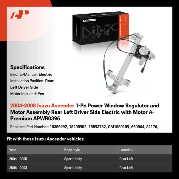 2004-2008 Isuzu Ascender 1-Pc Power Window Regulator and Motor Assembly Rear Left Driver Side Electric with Motor A-Premium APWR0396