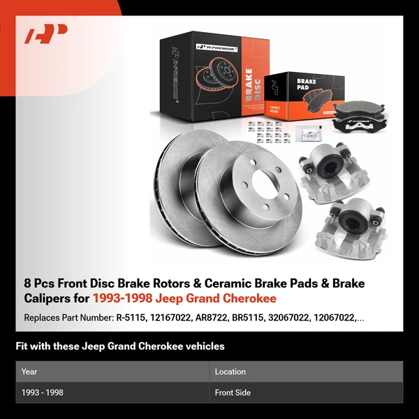 8 Pcs Front Disc Brake Rotors & Ceramic Brake Pads & Brake Calipers for 1993-1998 Jeep Grand Cherokee