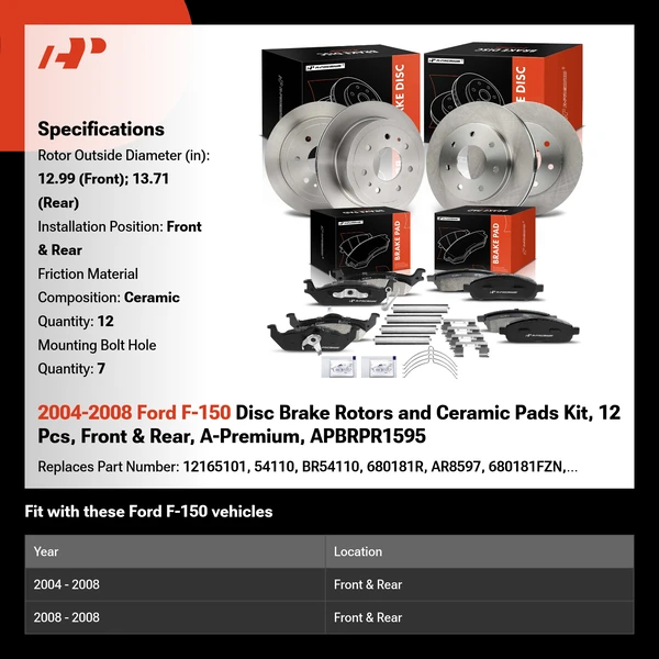 2004-2008 Ford F-150 Disc Brake Rotors and Ceramic Pads Kit, 12 Pcs, Front & Rear, A-Premium, APBRPR1595