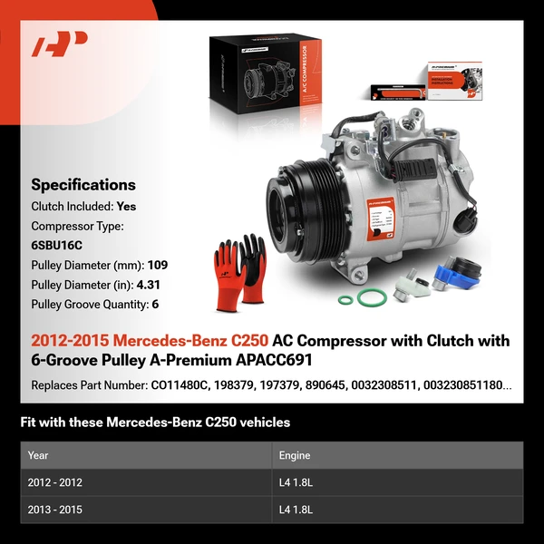2012-2015 Mercedes-Benz C250 AC Compressor with Clutch with 6-Groove Pulley A-Premium APACC691