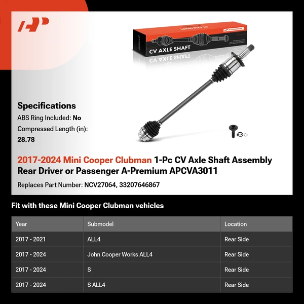 2017-2024 Mini Cooper Clubman 1-Pc CV Axle Shaft Assembly Rear Driver or Passenger A-Premium APCVA3011