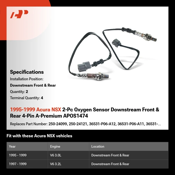 1995-1999 Acura NSX 2-Pc Oxygen Sensor Downstream Front & Rear 4-Pin A-Premium APOS1474