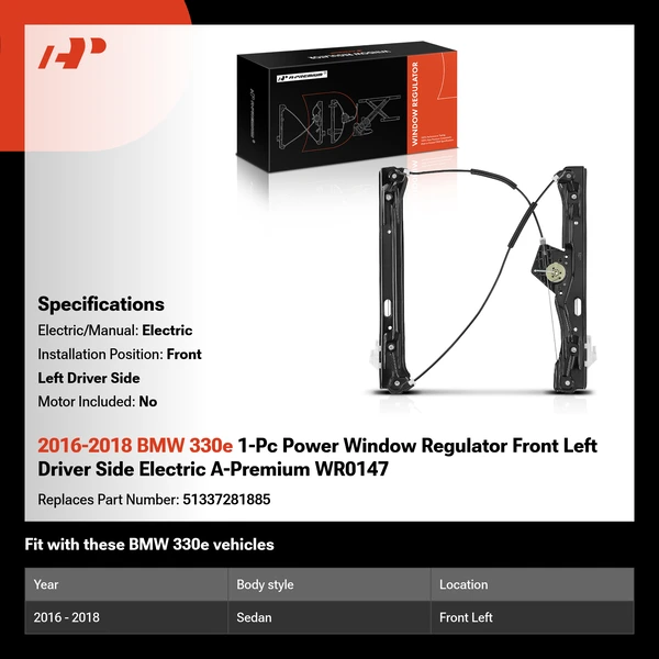 2016-2018 BMW 330e 1-Pc Power Window Regulator Front Left Driver Side Electric A-Premium WR0147