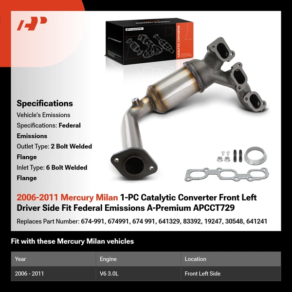 2006-2011 Mercury Milan 1-PC Catalytic Converter Front Left Driver Side Fit Federal Emissions A-Premium APCCT729