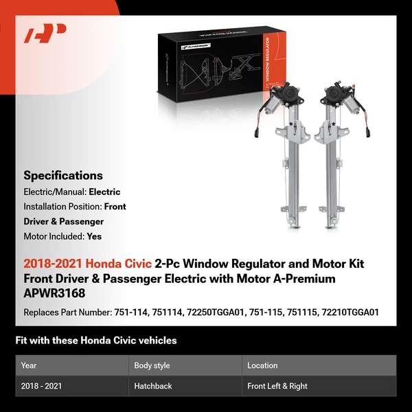 2018-2021 Honda Civic 2-Pc Window Regulator and Motor Kit Front Driver & Passenger Electric with Motor A-Premium APWR3168