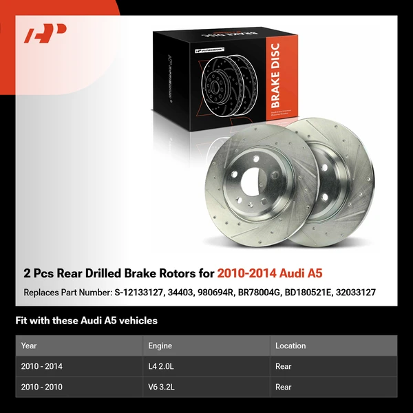 2 Pcs Rear Drilled Brake Rotors for 2010-2014 Audi A5