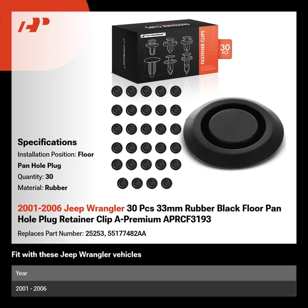 2001-2006 Jeep Wrangler 30 Pcs 33mm Rubber Black Floor Pan Hole Plug A-Premium APRCF3193