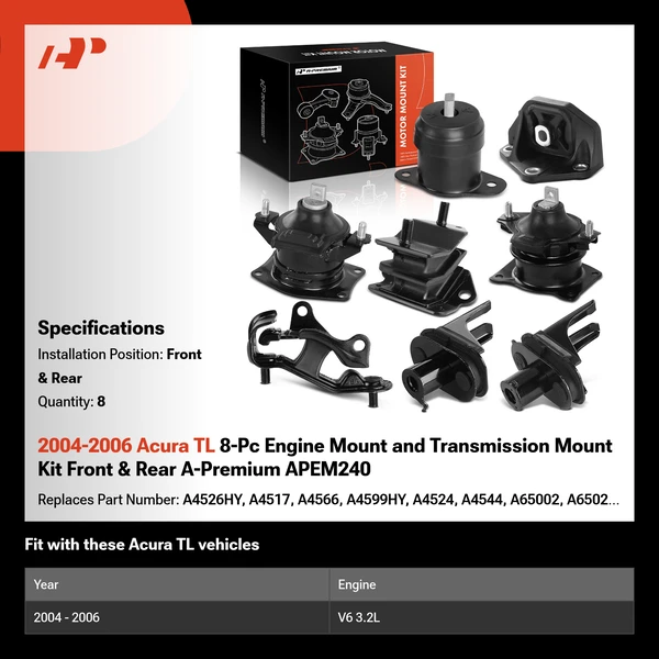 2004-2006 Acura TL 8-Pc Engine Mount and Transmission Mount Kit Front & Rear A-Premium APEM240