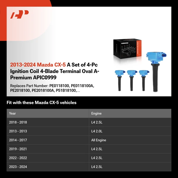 2013-2024 Mazda CX-5 A Set of 4-Pc Ignition Coil 4-Blade Terminal Oval A-Premium APIC0999