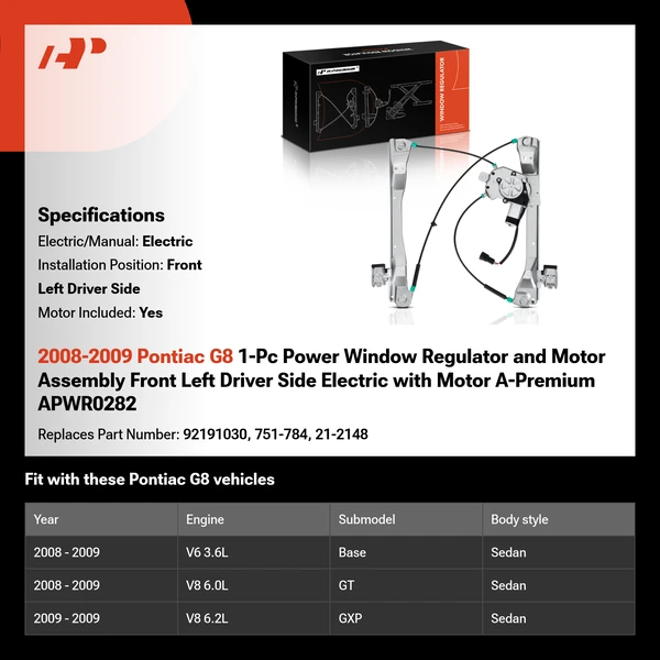 2008-2009 Pontiac G8 1-Pc Power Window Regulator and Motor Assembly Front Left Driver Side Electric with Motor A-Premium APWR0282