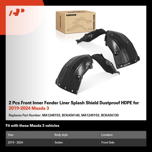 2 Pcs Front Inner Fender Liner Splash Shield Dustproof HDPE for 2019-2024 Mazda 3