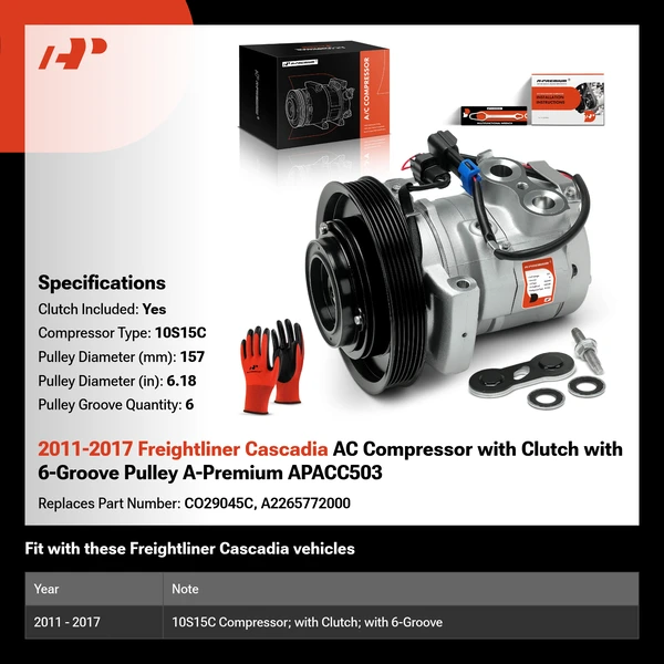 2011-2017 Freightliner Cascadia AC Compressor with Clutch with 6-Groove Pulley A-Premium APACC503
