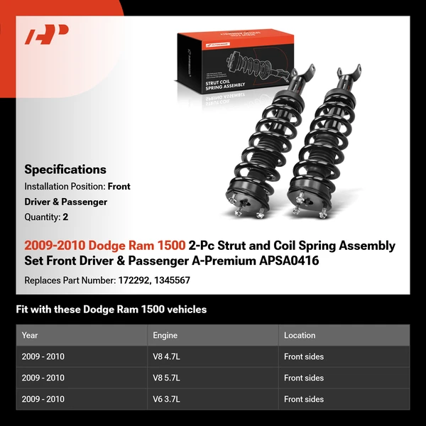 2009-2010 Dodge Ram 1500 2-Pc Strut and Coil Spring Assembly Set Front Driver & Passenger A-Premium APSA0416