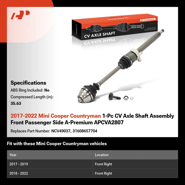 2017-2022 Mini Cooper Countryman 1-Pc CV Axle Shaft Assembly Front Passenger Side A-Premium APCVA2807