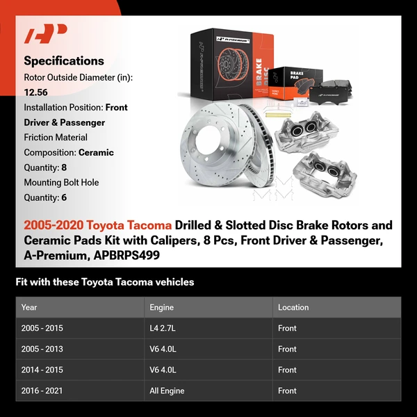 2005-2020 Toyota Tacoma Drilled & Slotted Disc Brake Rotors and Ceramic Pads Kit with Calipers, 8 Pcs, Front Driver & Passenger, A-Premium, APBRPS499