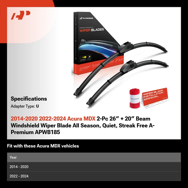 2014-2020 2022-2024 Acura MDX 2-Pc 26″ + 20″ Beam Windshield Wiper Blade All Season, Quiet, Streak Free A-Premium APWB185
